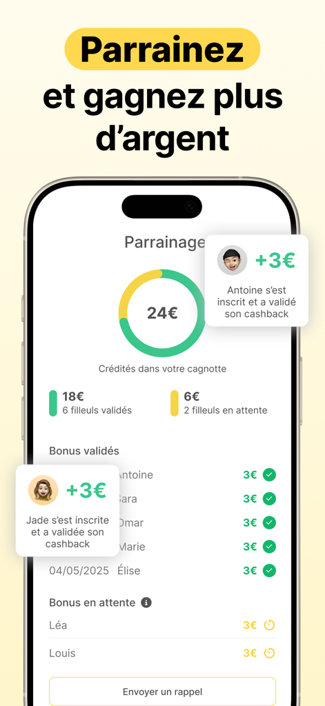 Widilo: Cashback & Codes Promo - Un écran d'application mobile Widilo montrant le tableau de bord du programme de parrainage avec les bonus de cashback gagnés grâce aux amis