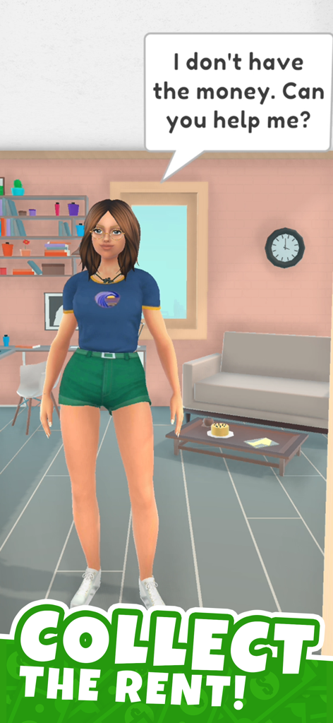 Landlord Simulator - A tenant character in Landlord Simulator asking for financial help with rent in a modern apartment.