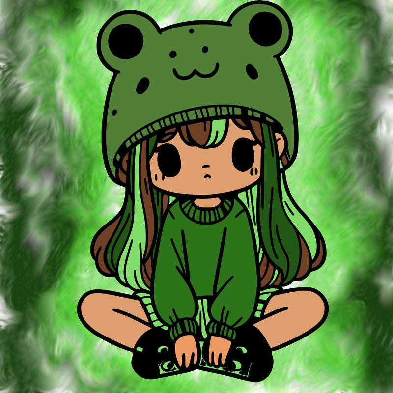 a girl wearing a frog hat and some frog socks