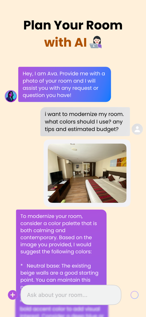 Arch AI Home Design & Interior - Una pantalla de chat en la aplicación Arch AI donde un asistente de IA sugiere paletas de colores y consejos de diseño para la renovación de un dormitorio.