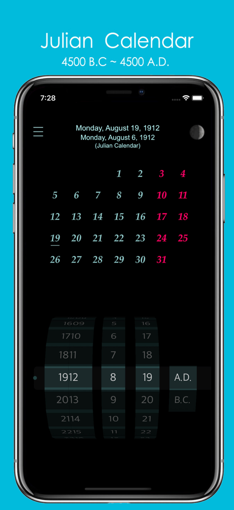 Interface do aplicativo móvel exibindo o calendário juliano para agosto de 1912