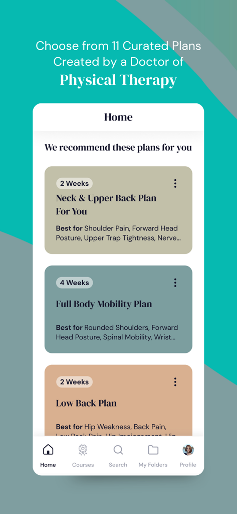 Home screen of the Jen app showing curated physical therapy plans for neck back and full body mobility.