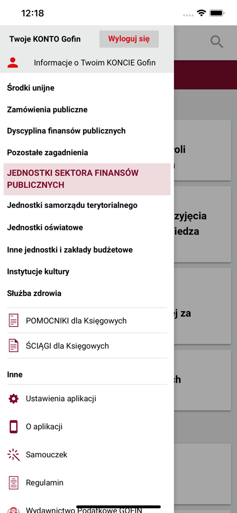 Navigation menu of the GOFIN Serwis Budzetowy mobile application showing professional finance and accounting categories