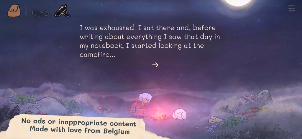 The Storyteller - Omu the storyteller character sitting by a campfire at night under a full moon