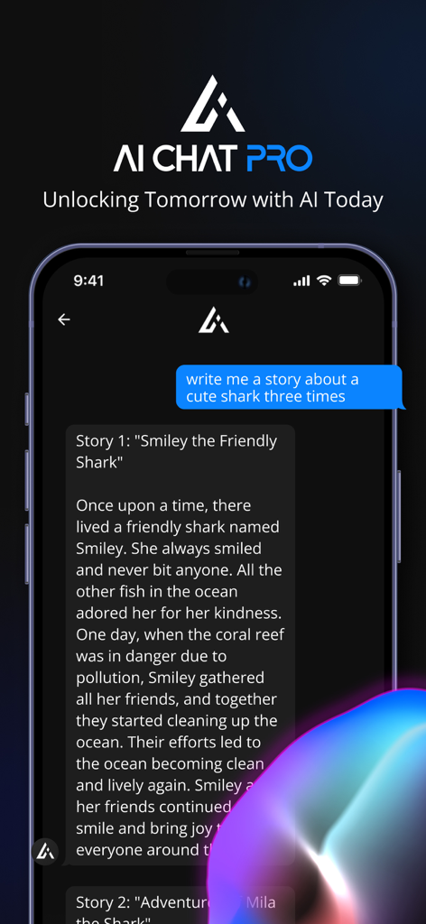 AI Chat on - My Assistant Pro - iPhone screen displaying the AI Chat Pro app interface with a chatbot generating a story about a friendly shark