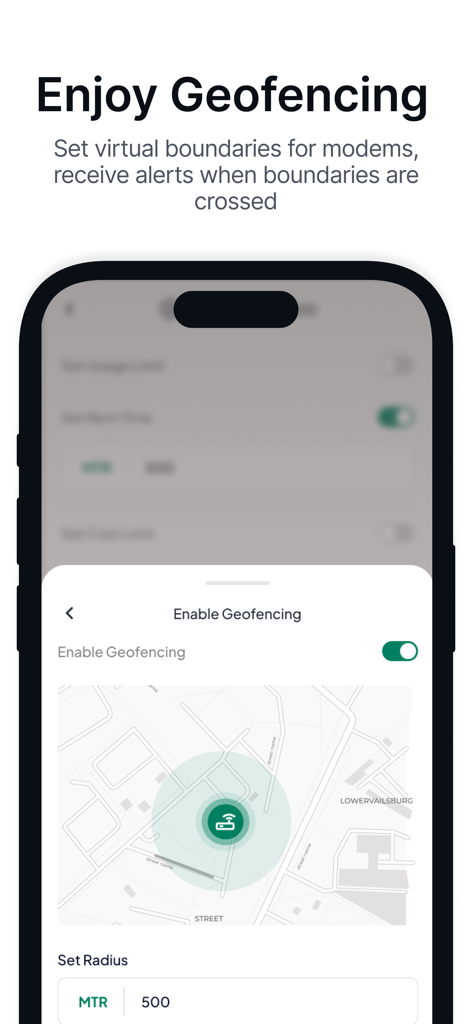 Smartphone, das die Geofencing-Funktion in der Nomad Internet Oasis App mit einer Karte und Radius-Einstellung anzeigt
