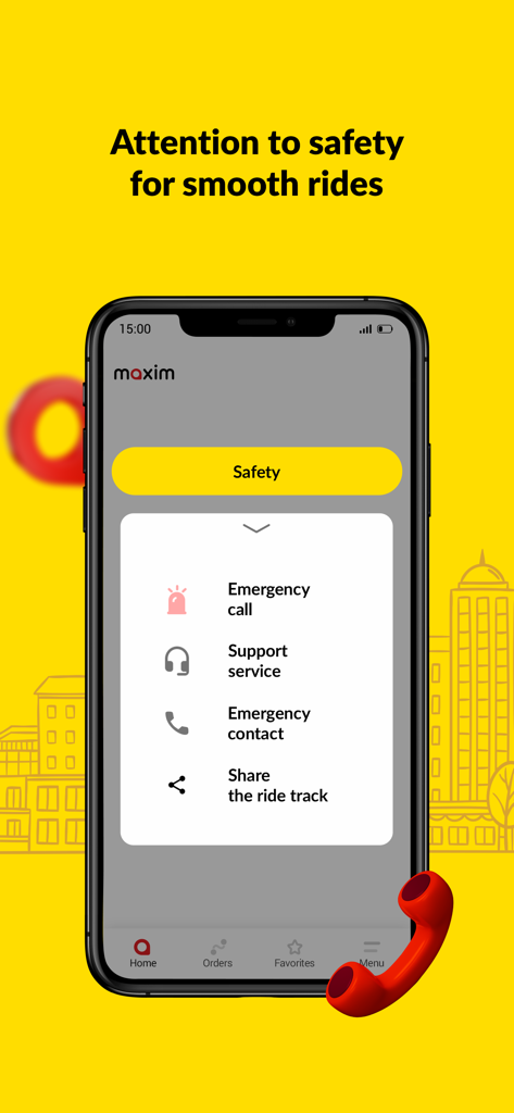 Interfaz de la app Maxim que muestra opciones de seguridad que incluyen servicio de soporte de llamada de emergencia y funciones para compartir el viaje