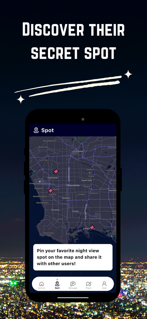 Smartphone screen showing the YORU app map interface with pins on various night view locations in Los Angeles