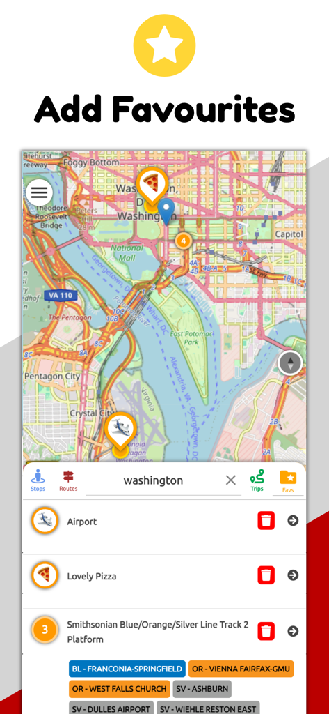 Mapa e lista de favoritos no aplicativo Washington DC Transit WMATA mostrando locais salvos como aeroporto e paradas de metrô.