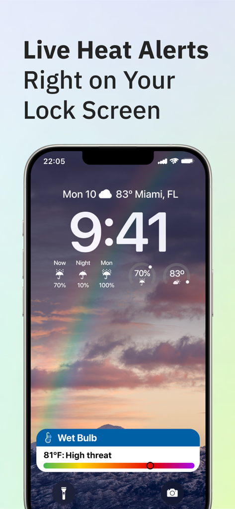 Aplicativo Weather Cards mostrando alertas de calor ao vivo e widgets de clima na tela de bloqueio de um iPhone.