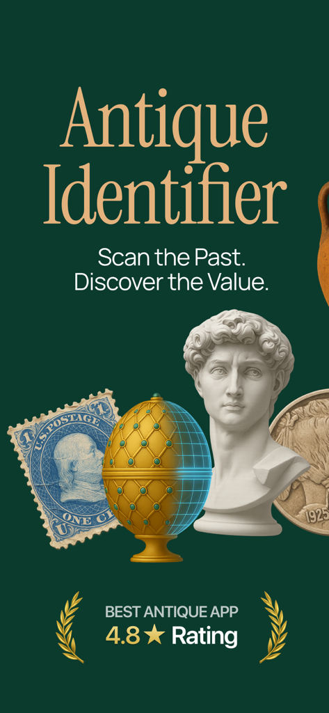Antique Identifier Zophi - Interfaz de la aplicación Identificador de Antigüedades Zophi que muestra un huevo de oro escaneado con un busto de mármol y coleccionables vintage