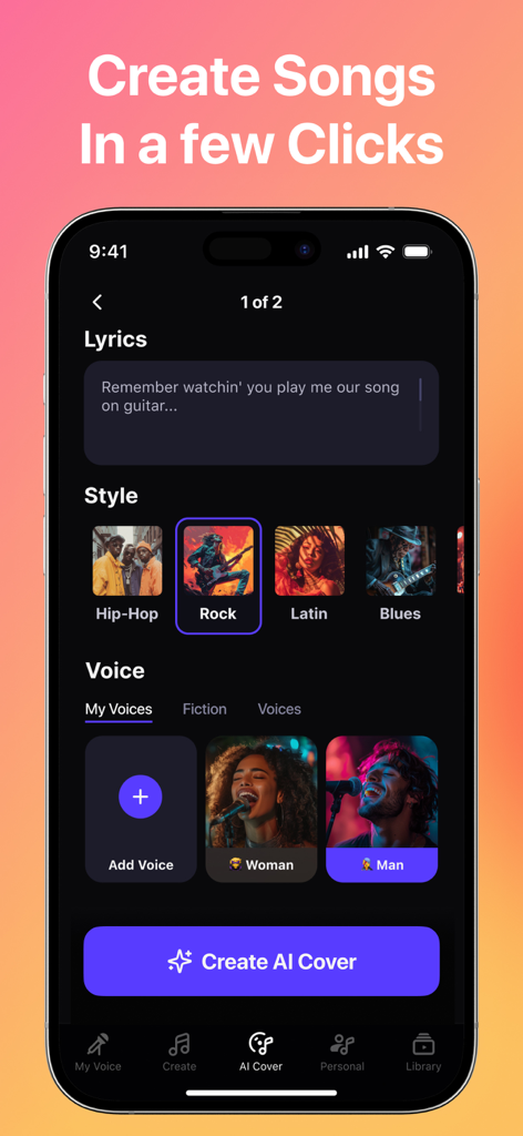 AI音楽カバー作成のためのモバイルインターフェース。歌詞、ロックやヒップホップなどの音楽スタイル、さまざまなボーカルプロファイルを選択するオプションが表示されています。