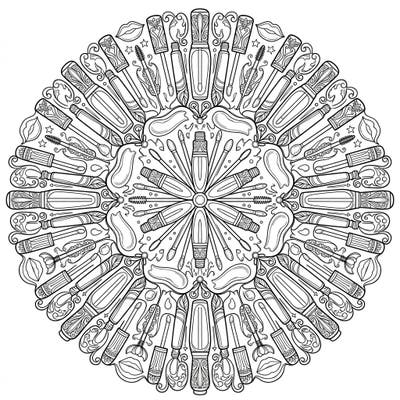 Unleash your creativity with this exquisite circular mandala coloring page, beautifully composed of various lip gloss designs. Explore a world of beauty as you bring these intricate cosmetic elements to life with your favorite colors.