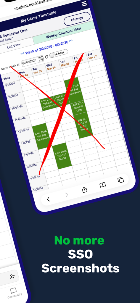 Quad - UoA Student Hub - A messy university timetable screenshot with a red cross over it and the text No more SSO Screenshots