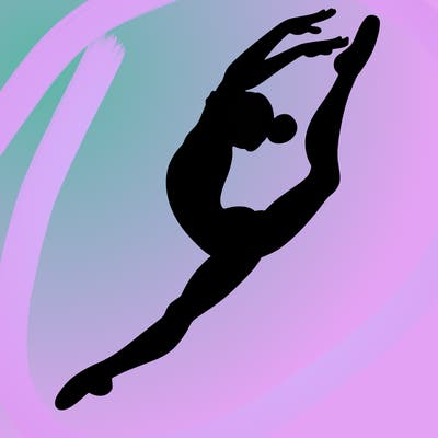 gymnast doing a leap in a leotard with a bent back leg