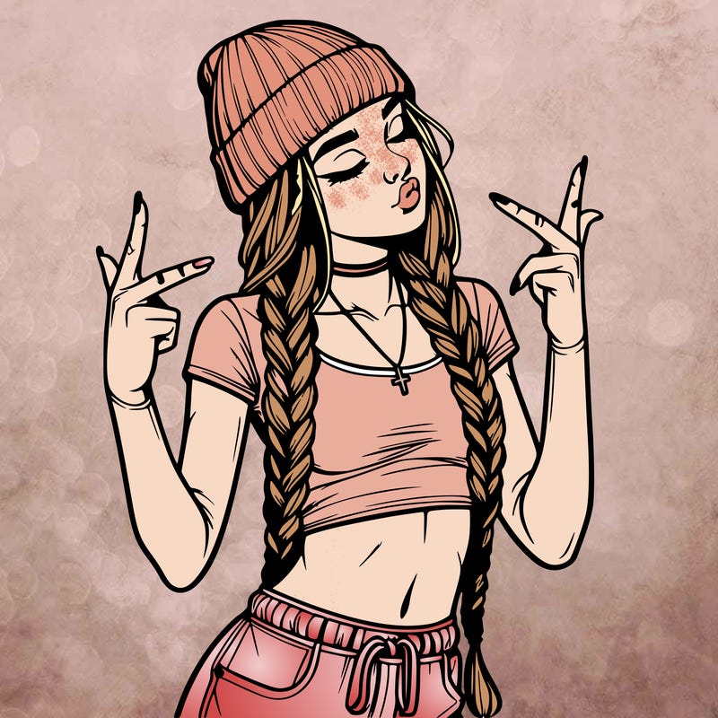 realistic teenage girl with braids and a beanie and crop top doing 🫶🏼
