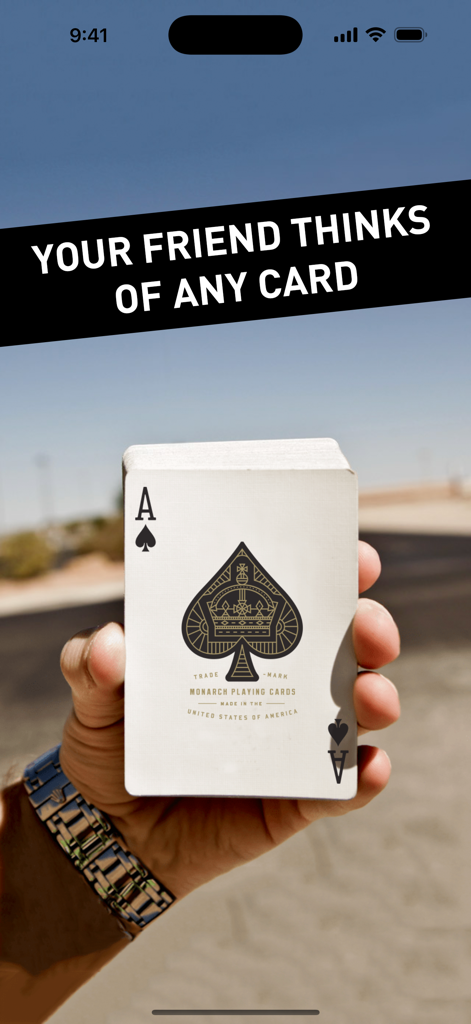 Rising Card Magic Trick - A hand holding an iPhone displaying an Ace of Spades from the Rising Card magic trick app