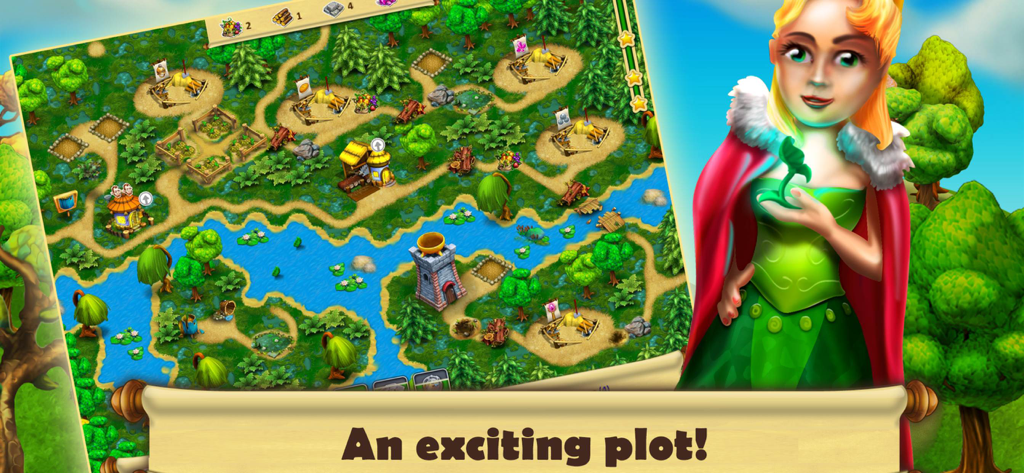 Captura de pantalla de la jugabilidad de Gnomes Garden Capítulo 1 con el personaje de la princesa y un mapa detallado de estrategia de gestión de recursos.