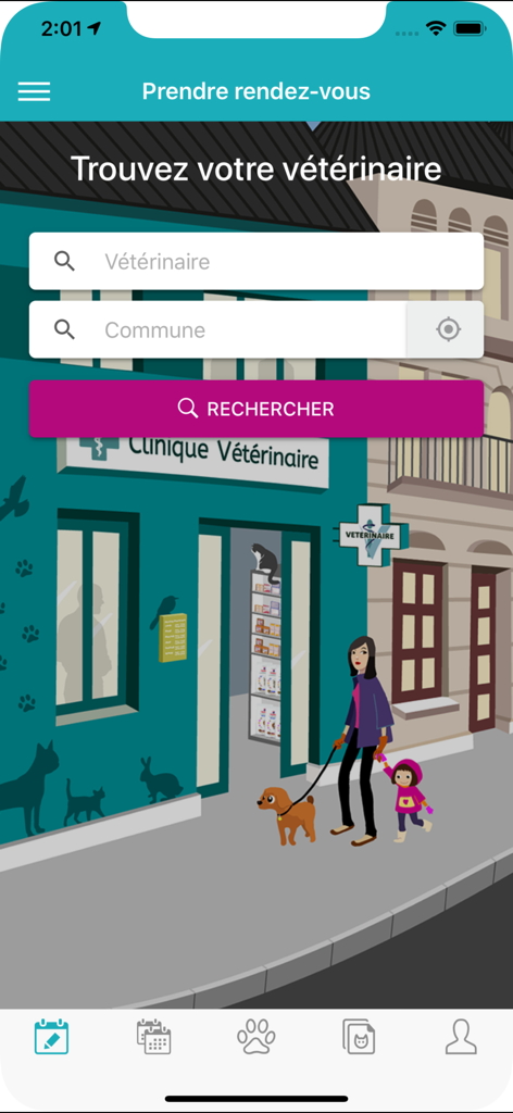 Schermata di ricerca nell'app Pilepoils per trovare un veterinario e prenotare un appuntamento