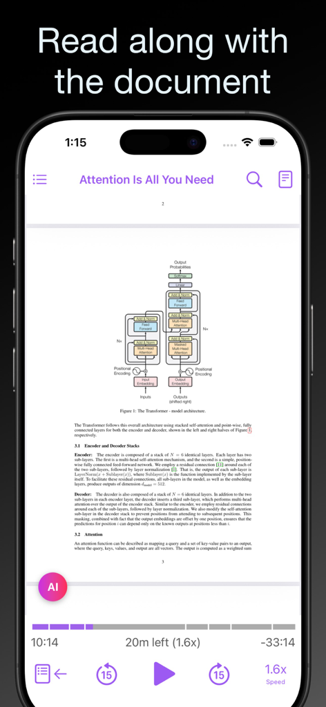 Paper2Audio: Text to Speech - iPhone screen showing Paper2Audio app displaying a technical research paper with a diagram and audio playback controls.