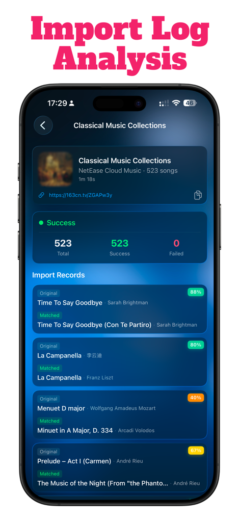 MusicPal: Your Music Assistant - MusicPal app screenshot showing the import log analysis for a classical music collection with song match scoring percentages