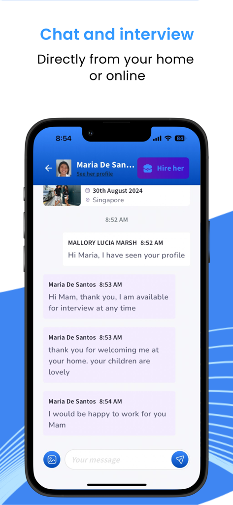 We Are Caring - Hire your maid - Interface de chat no aplicativo We Are Caring mostrando uma conversa direta entre um empregador e uma candidata a empregada doméstica