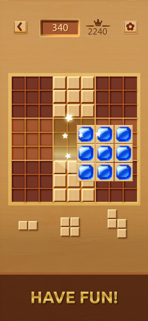 Gemdoku: Wood Block Puzzle - Jugabilidad de Gemdoku mostrando bloques de gemas azules siendo colocados en una cuadrícula de Sudoku de madera.