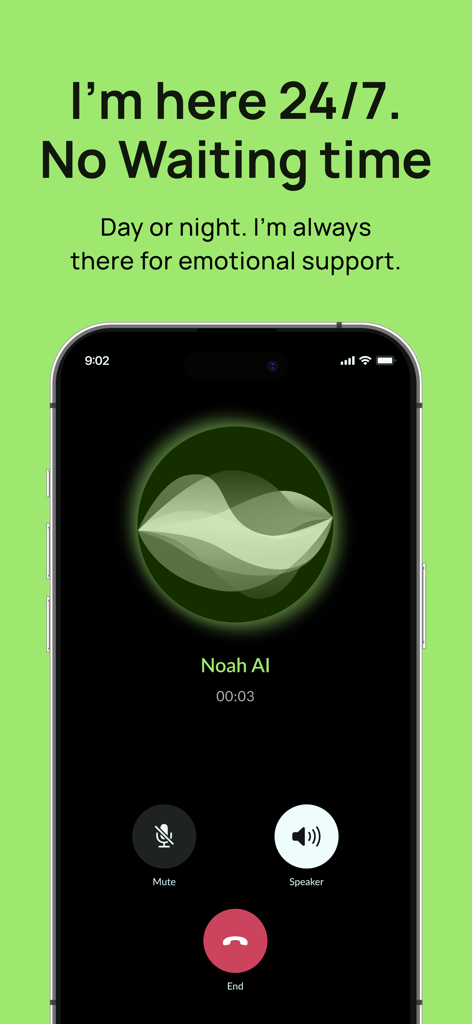 Noah AI: Your Emotional Coach - A smartphone showing a voice call screen with Noah AI for 24/7 emotional support.