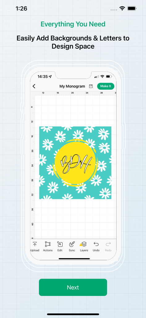 Monograms for Cricut - iPhone screen displaying a custom floral monogram design being edited in the Monograms for Cricut app