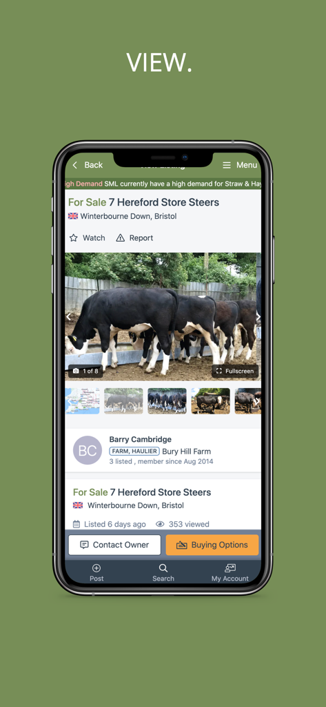 SellMyLivestock - A mobile app screen showing a livestock listing for Hereford steers with photos and seller details