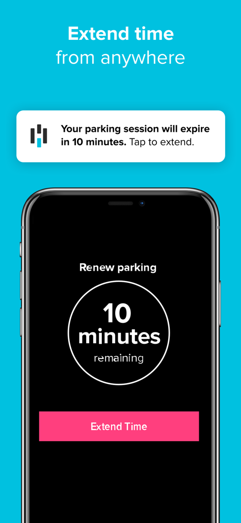 HonkMobile app interface showing a notification to extend parking time remotely