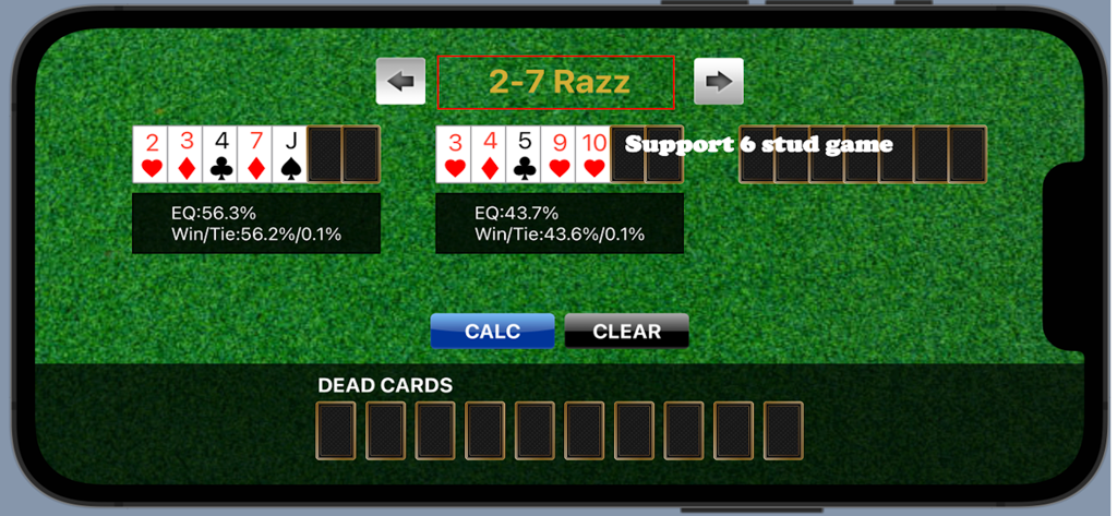 Interface du calculateur de cotes pour jeux Stud montrant un calcul d'équité Razz au 2-7 avec les pourcentages de gains pour deux mains sur fond de tapis vert.