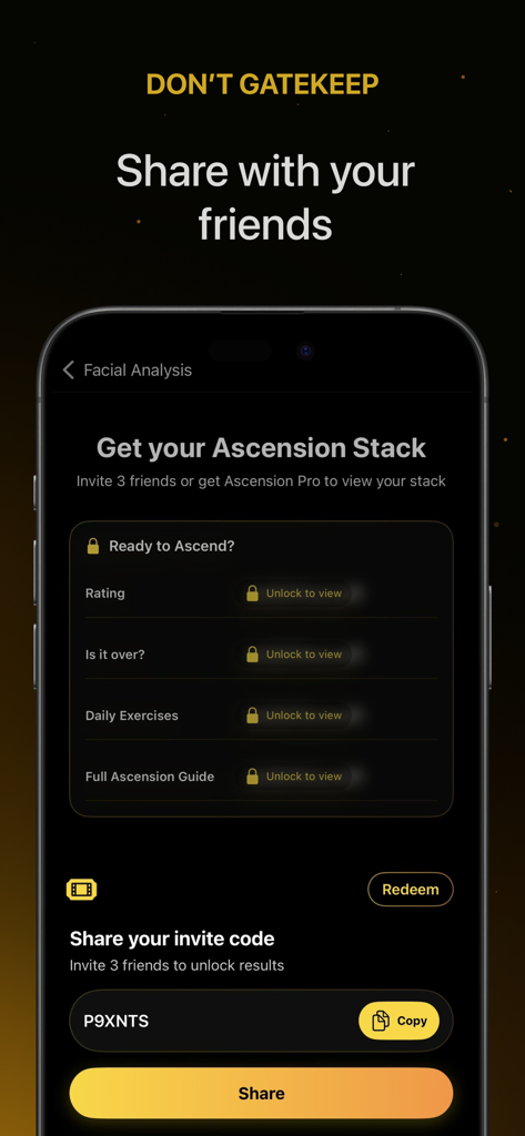 Ascension - Don't Cope - Écran de l'application Ascension montrant un code d'invitation et un bouton de partage pour débloquer les résultats de l'analyse faciale.