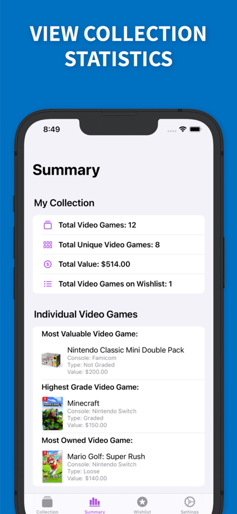 LuckyGame - Video Game Tracker - LuckyGame app summary screen showing collection stats and total market value