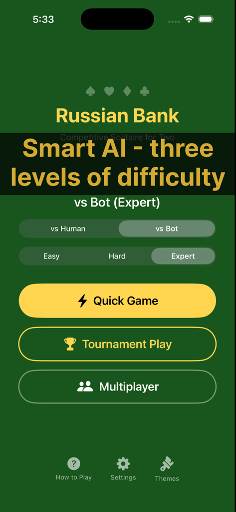 Russian Bank | Card Game - Russian Bank card game menu screen showing three levels of AI difficulty and game modes
