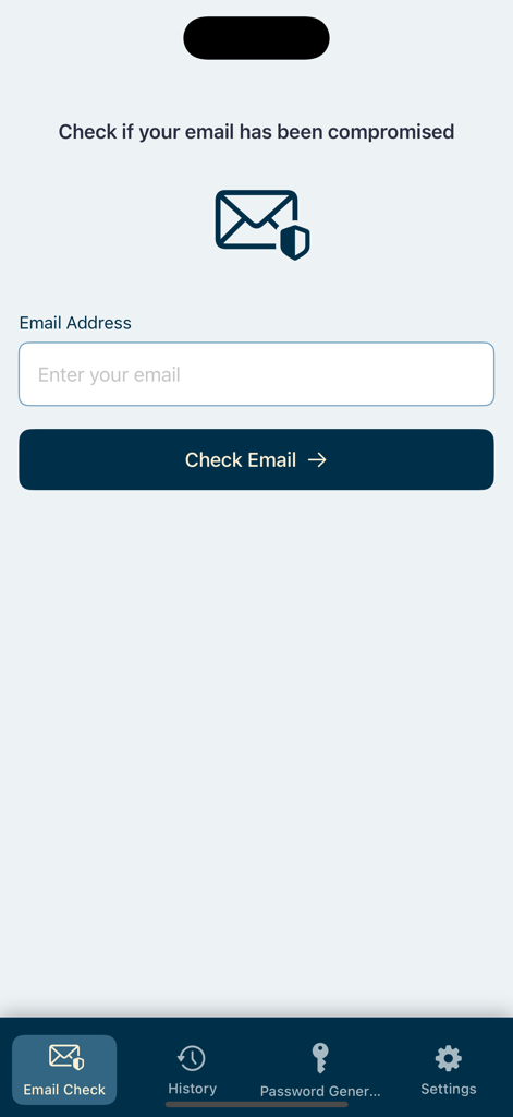 Main interface of the Leak Lock app for checking if an email address has been compromised in a data breach.