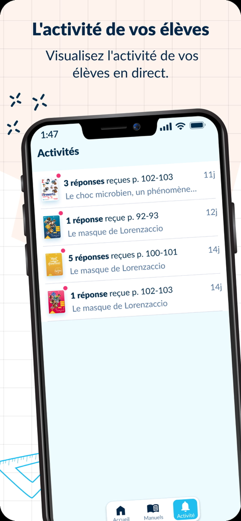 Lelivrescolaire.fr - Interface de l'application Lelivrescolaire montrant le suivi en temps réel des réponses des étudiants aux exercices de manuels.