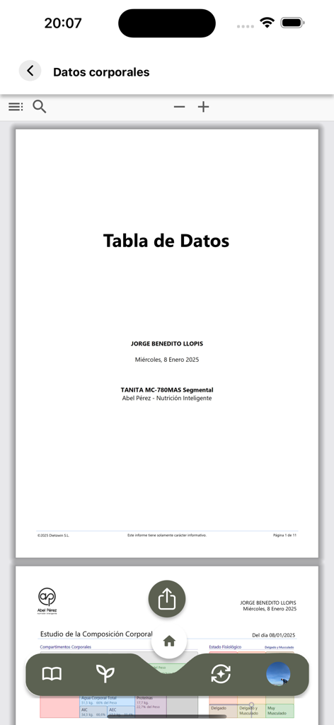 Ap nutricion inteligente - Pantalla de la aplicación móvil que muestra un informe detallado de datos de composición corporal de una clínica de nutrición