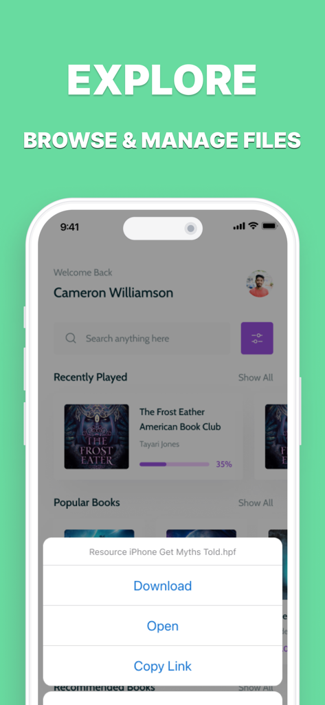 Interface of the Browser and Offline File Storage app showing options to download or open a file.