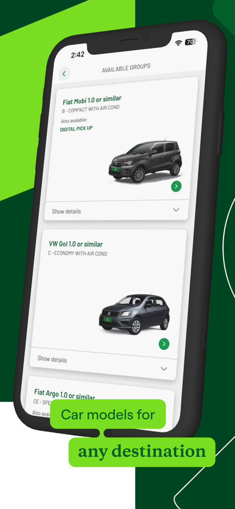 Localiza Rent A Car - Localiza mobile app interface showing available rental car groups and models for South American destinations
