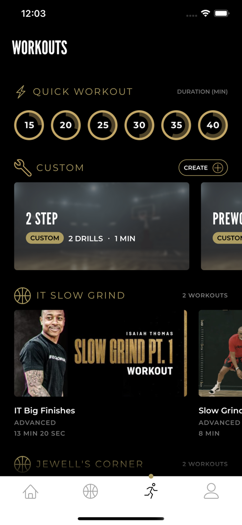 94FEETOFGAME app interface showing basketball workout categories and pro training drills