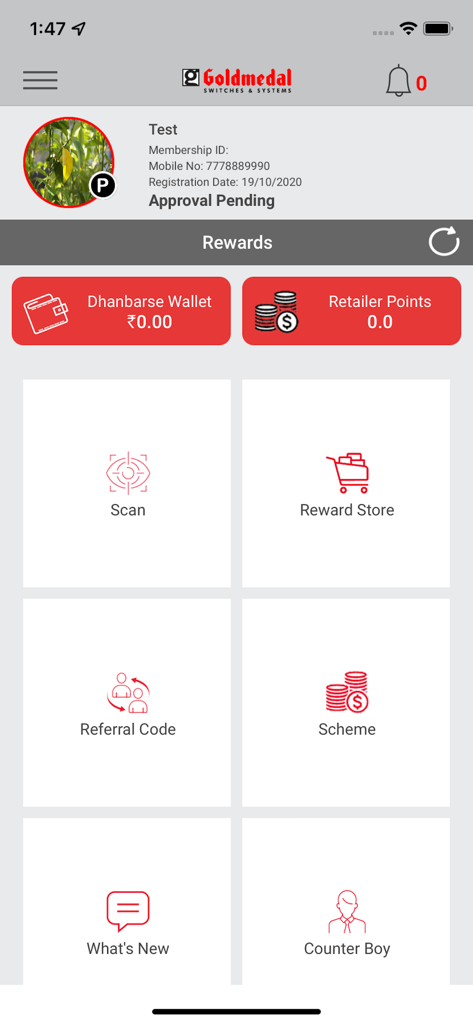 Dhan Barse app dashboard showing user rewards wallet and navigation menu for retailers and electricians
