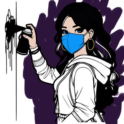realistic girl with mask spray painting a wall