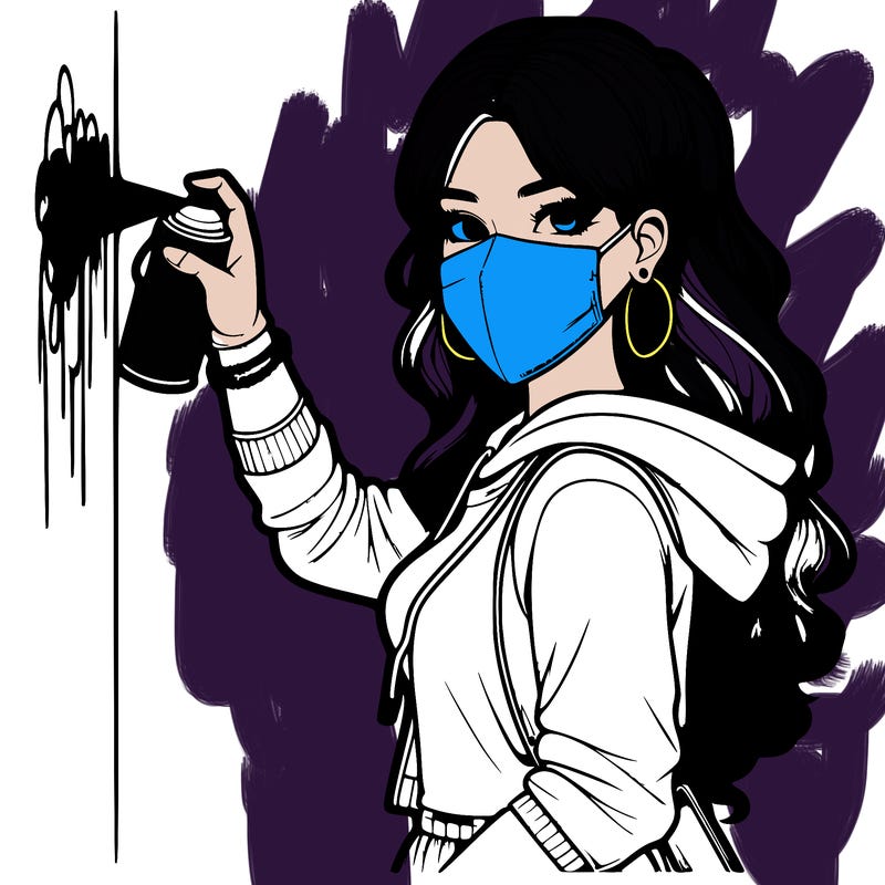 realistic girl with mask spray painting a wall