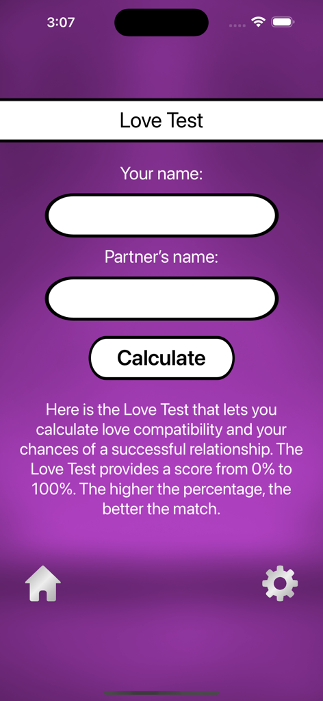 Love Test: Love Calculator - Interfaccia utente dell'app Love Test che mostra i campi di inserimento del nome per il calcolo della compatibilità amorosa.