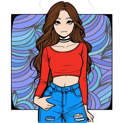 a realistic girl in a crop top and ripped jeans with long hair