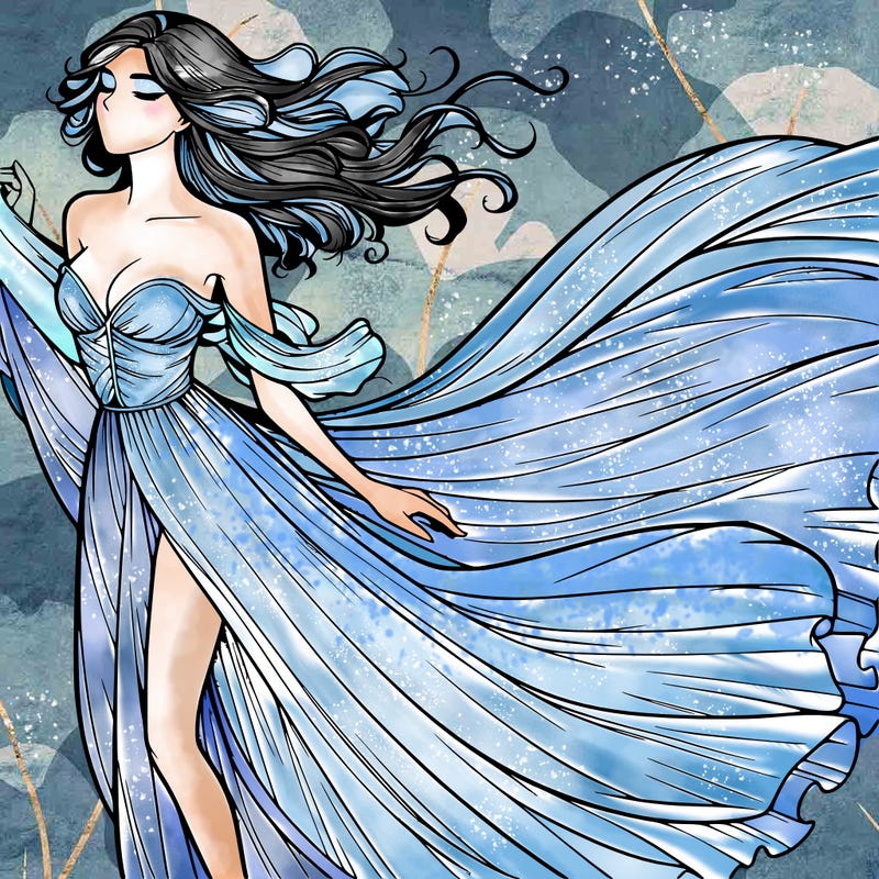 realistic woman in dress flowing the the wind