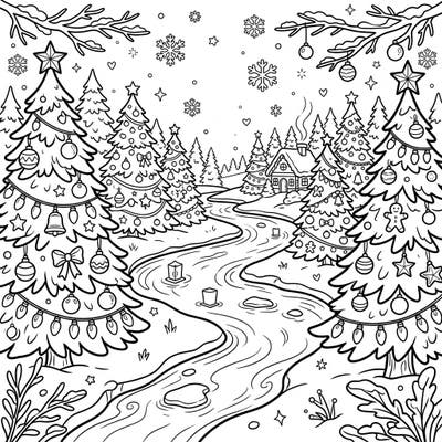 Drift into a festive dream with our Misty River Christmas coloring page, featuring a serene waterway bordered by beautifully decorated evergreen trees. This enchanting scene invites you to add your unique splash of color to a cozy winter wonderland.