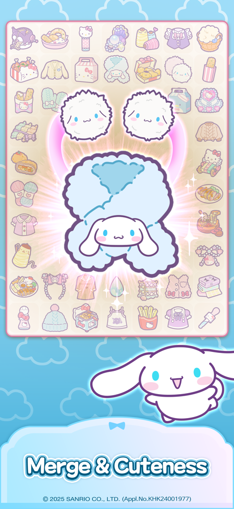 Cinnamoroll character in a colorful merge puzzle grid with various cute items and Sanrio themes