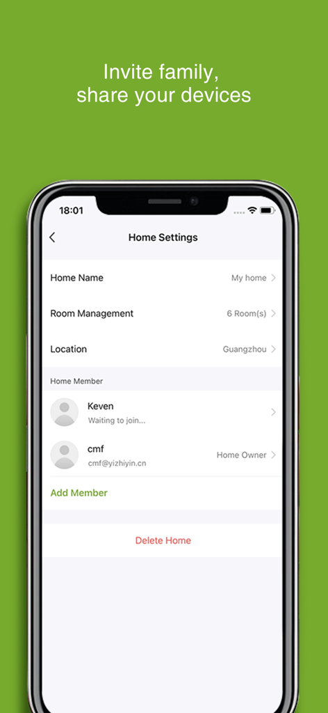 Pantalla de configuración del hogar de la aplicación Havaworks que muestra la gestión de miembros de la familia y opciones para compartir dispositivos.